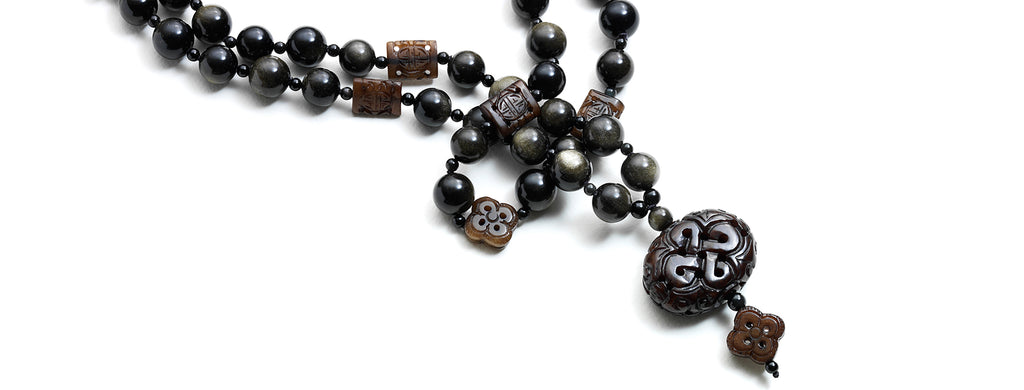Palazzo necklace: Golden obsidian, carved Burma jade pendant and ornaments necklace.