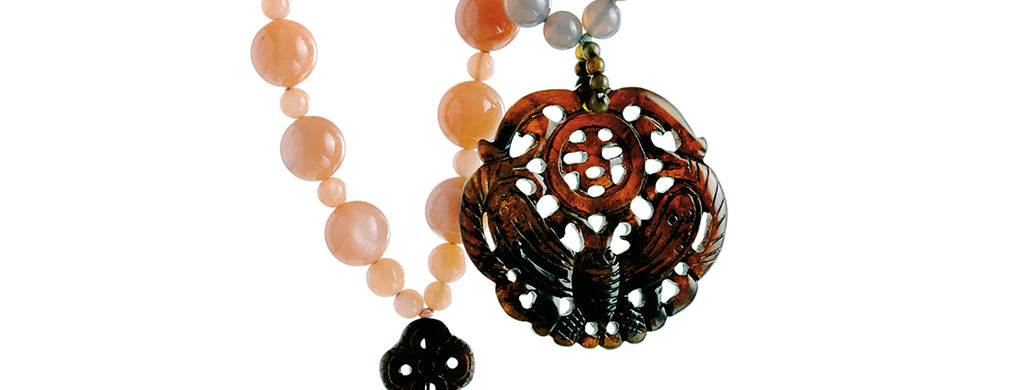 Namibia necklace: Namibia agate, carved Burma jade papillon pendant and ornament necklace.