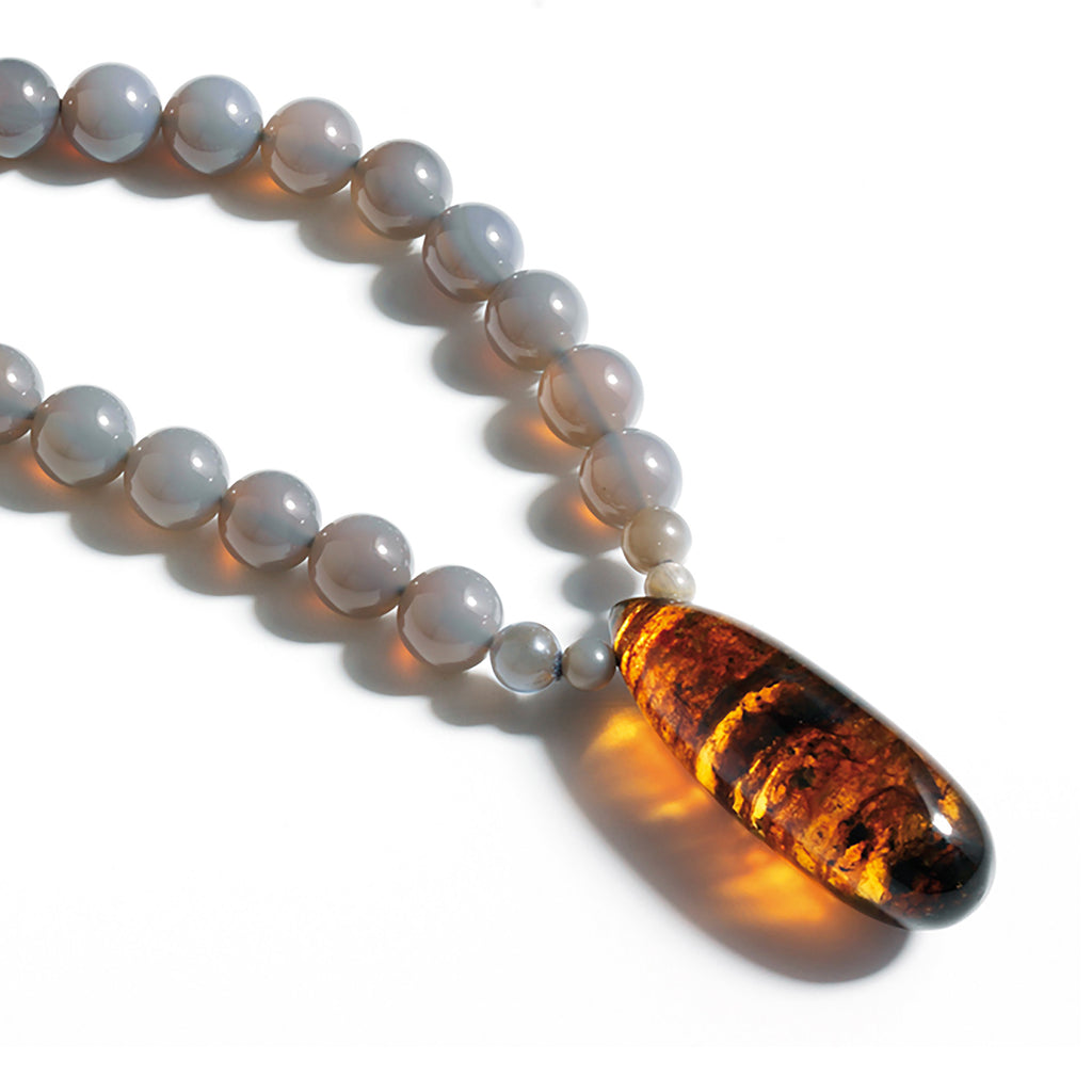 Droped shaped Dominican amber pendant, grey natural agate necklace.