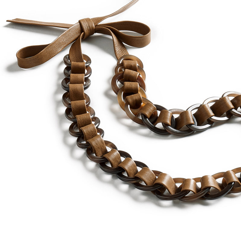 Leather Snake necklace: Nappa leather band. Oval buffalo horn links necklace.