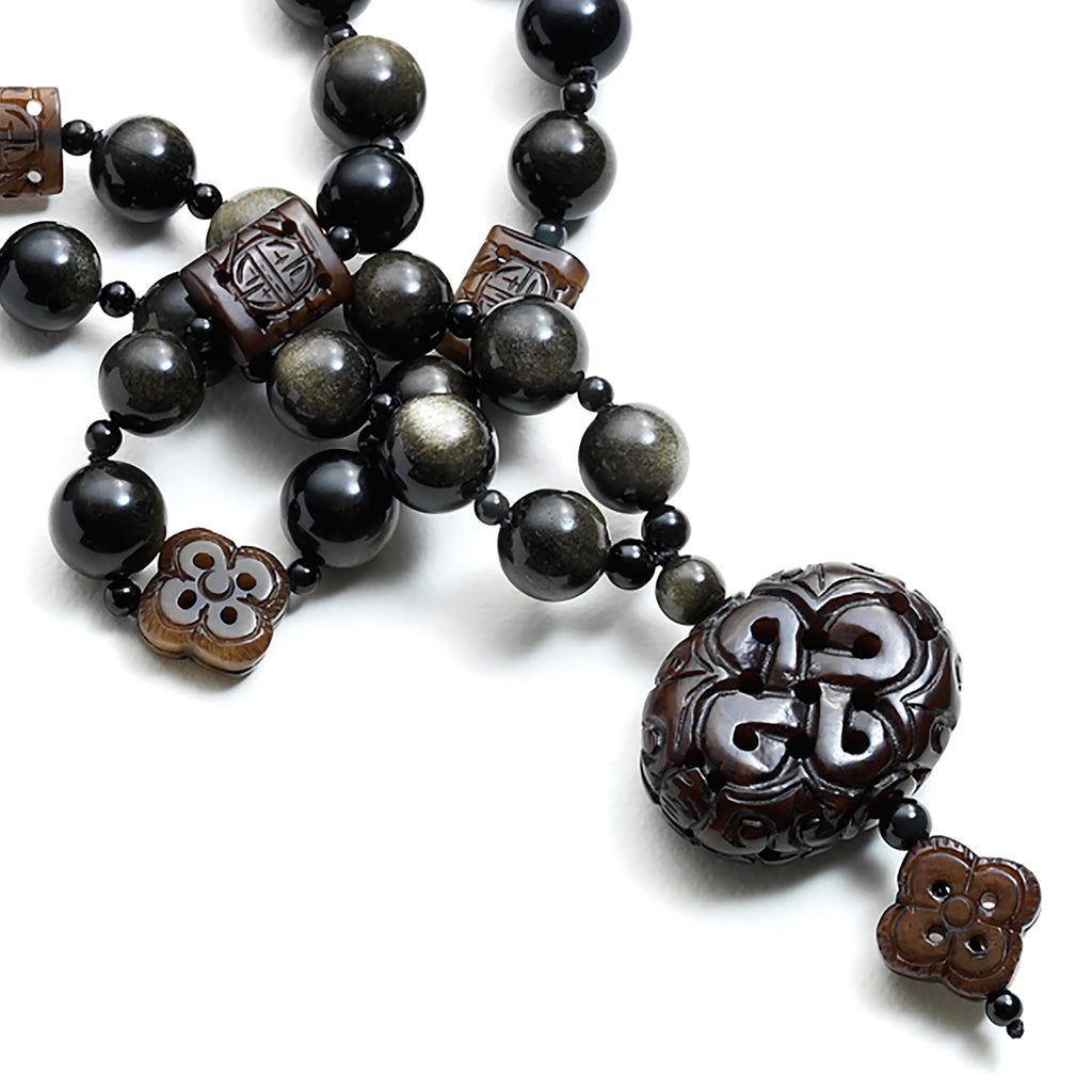 Palazzo necklace: Golden obsidian, carved Burma jade pendant and ornaments necklace.