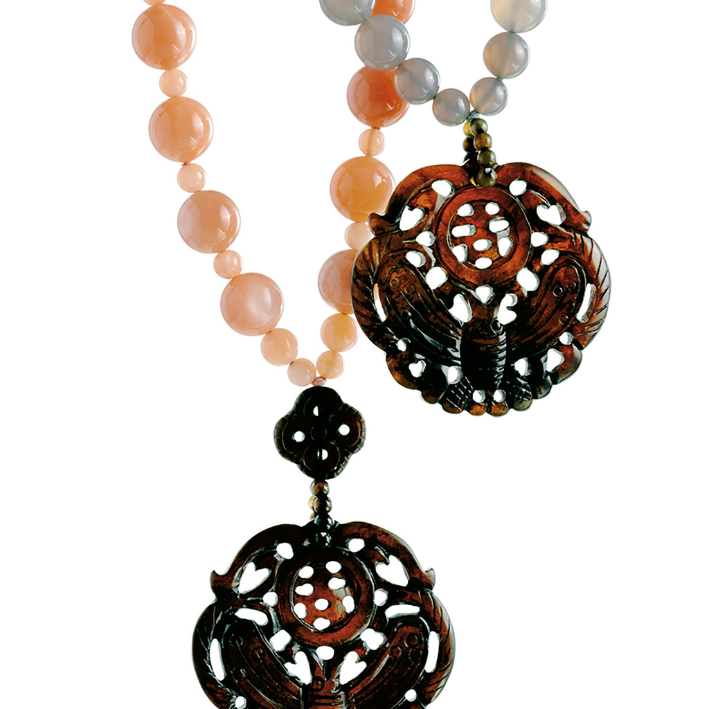 Namibia necklace: Namibia agate, carved Burma jade papillon pendant and ornament necklace.