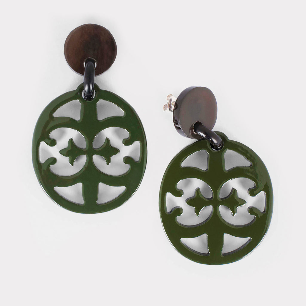 Lily earrings: Carved lacquered Baroque earrings in buffalo horn. Color: forest.